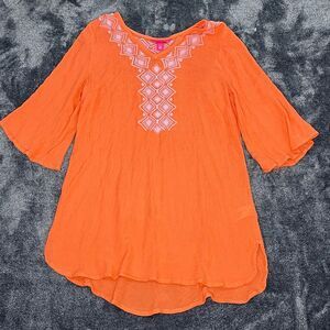 Lilly Pulitzer Orange Pink Embroidered 3/4 Sleeve Top Blouse Size XS